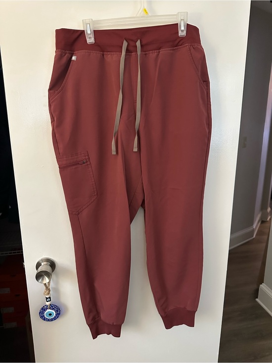 Figs Pants - Figs Women's Jogger Pants in Brick Red with Taupe Drawstring